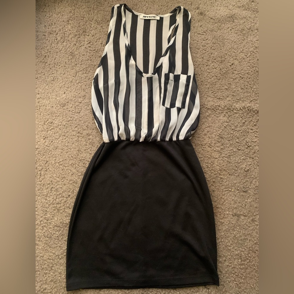 Mystic Black & White Striped Pocketed Sheer Sleeveless Pencil Skirt Mini Dress